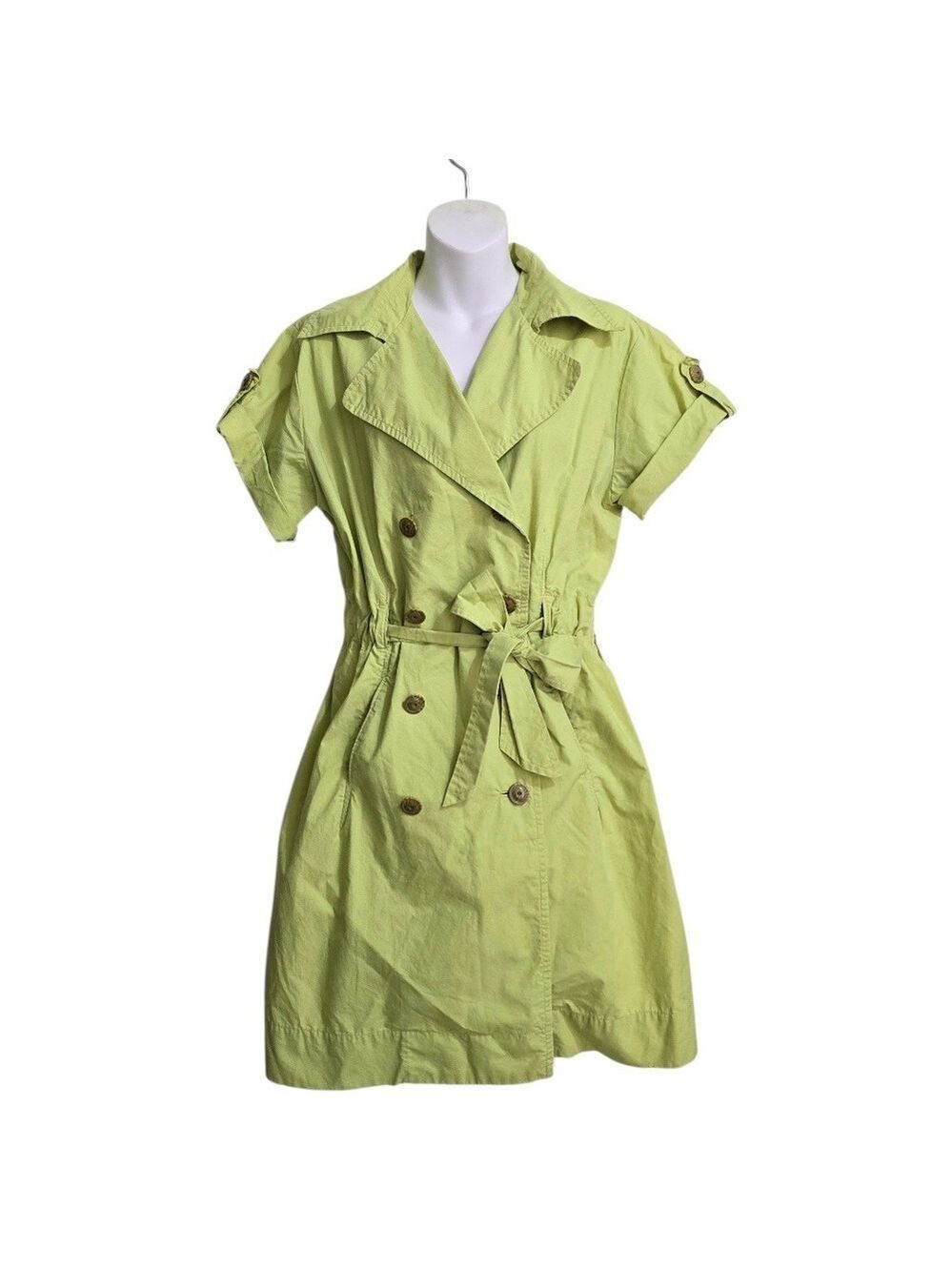 Cabi Safari Belted Trench Coat Jacket Dress In Chartreuse Sz L
